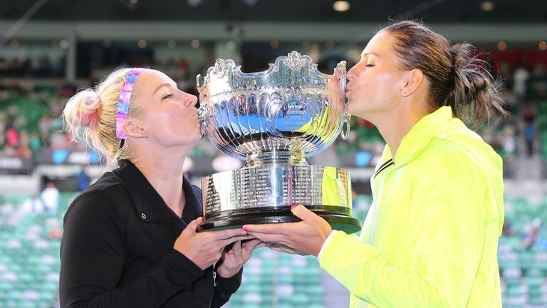 Bethanie Mattek-Sands of the United States and Lucie Safarova of the Czech Republic celebrate after winning the 2015 Australian Open women's doubles