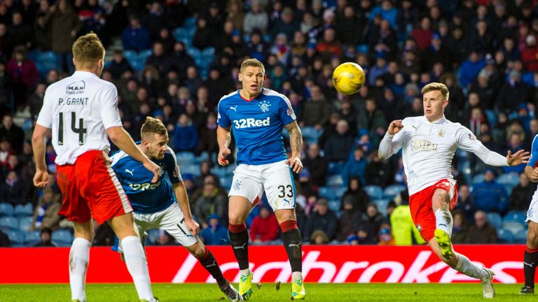 Billy King (second from left) heads the ball home to grab a late winning goal for Rangers on his debut against Falkirk