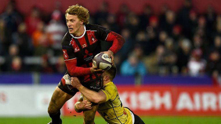 Gloucester centre Billy Twelvetrees makes a break during the European Challenge Cup match against La Rochelle