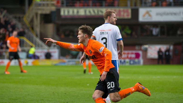 Dundee United's Blair Spittal (second from left) celebrates having opened the scoring