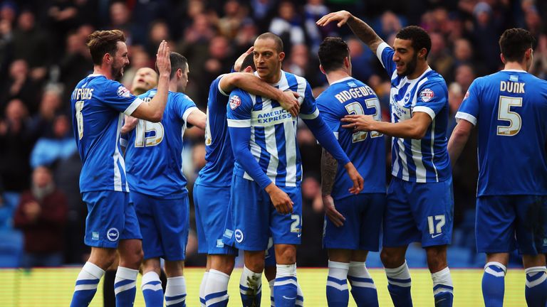 Bobby Zamora of Brighton & Hove Albion celebrates with his team after soring the opening goal