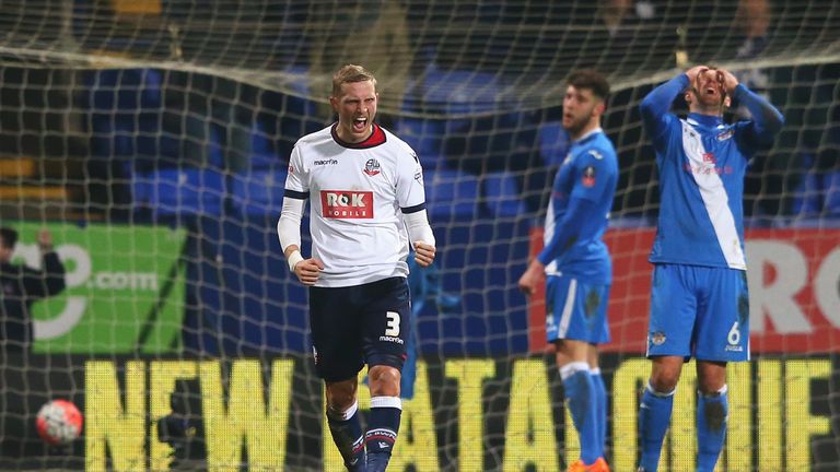 BOLTON, ENGLAND - JANUARY 19: Dean Moxey of Bolton Wanderers celebrates scoring his team's second goal during the Emirates FA Cup Third Round Replay match 