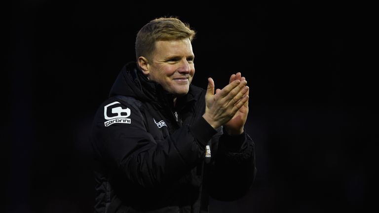 Eddie Howe applauds Bournemouth supporters after the FA Cup fourth round win over Portsmouth
