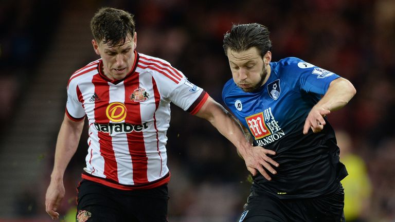 SUNDERLAND, ENGLAND - JANUARY 23: Harry Arter of Bournemouth and Billy Jones of Sunderland compete for the ball during the Barclays Premier League match be