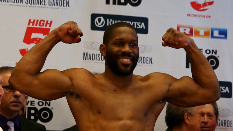 NEW YORK, NY - APRIL 24:  Bryant Jennings celebrates after he makes weight during the weight in on April 24, 2015 at Madison Square Garden  in New York Cit