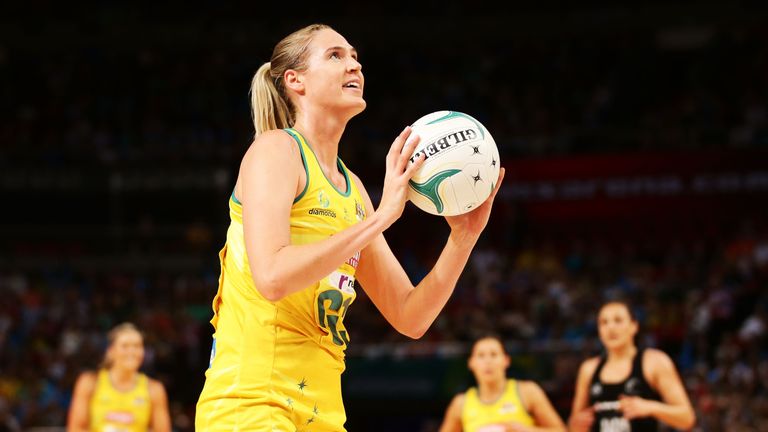 SYDNEY, AUSTRALIA - OCTOBER 11:  Caitlin Bassett of the Diamonds shoots during the International Netball Test match between the New Zealand Silver Ferns an