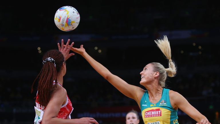 Lateisha Kidner of Wales and Caitlin Bassett of Australia 