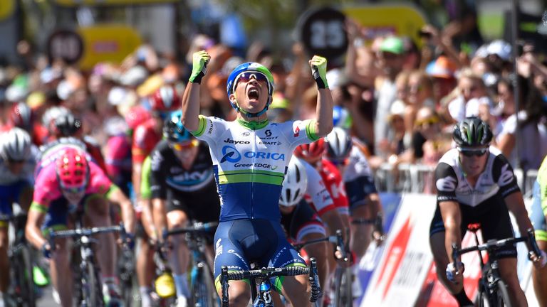 Caleb Ewan from the Orica-GreenEdge team celebrates as he wins stage six of the Tour Down Under