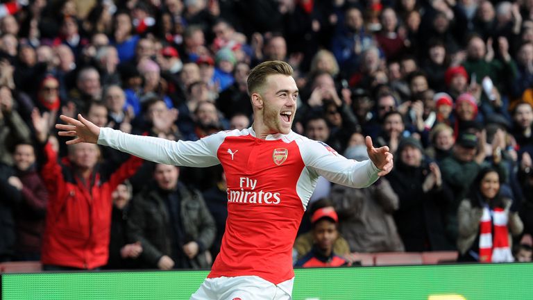 Arsenal's Calum Chambers celebrates scoring the opening goal during the match against Burnley in the FA Cup fourth round match