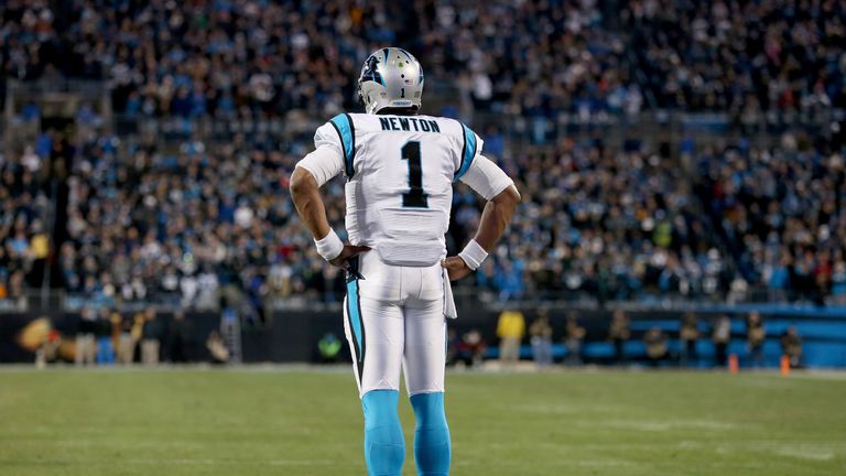 Cam Newton #1 of the Carolina Panthers looks on against the Arizona Cardinals during the NFC Championship Game at Bank of Ame