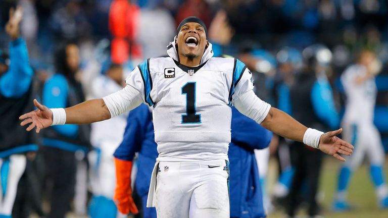 Cam Newton celebrates the Carolina Panthers' win in the NFC Championship game