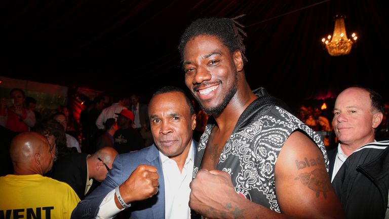 SANTA MONICA, CA - MAY 20:  Former professional boxer Sugar Ray Leonard (L) and boxer Charles Martin after Martin knocked out Rafael Pedro (not in photo) i