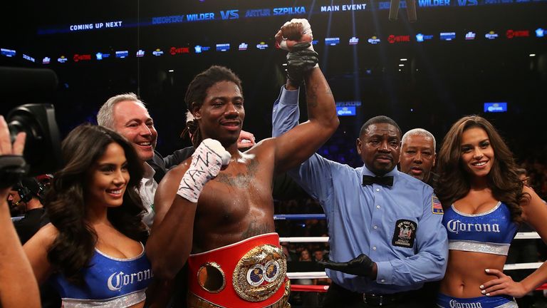 NEW YORK, NY - JANUARY 16:  Charles Martin celebrates after defeating Vyacheslav Glazkov by TKO in the second round t win the IBF World Heavyweight