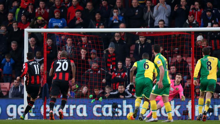 Charlie Daniels of Bournemouth coverts the penalty to score his team's second goal 