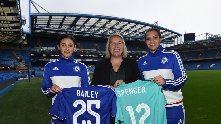 Chelsea Ladies new signings Jade Bailey and Rebecca Spencer with manager Emma Hayes at Stamford Bridge