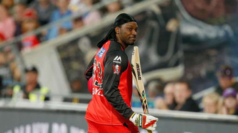 Chris Gayle of the Melbourne Renegades acknowledges the fans after a scoring 41 runs off just 15 balls during the Big Bash