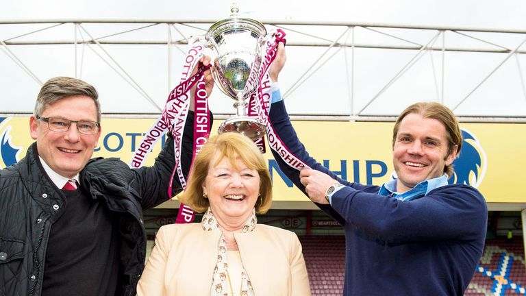 Craig Levein, Ann Budge and Robbie Neilson of Hearts with the Championship trophy