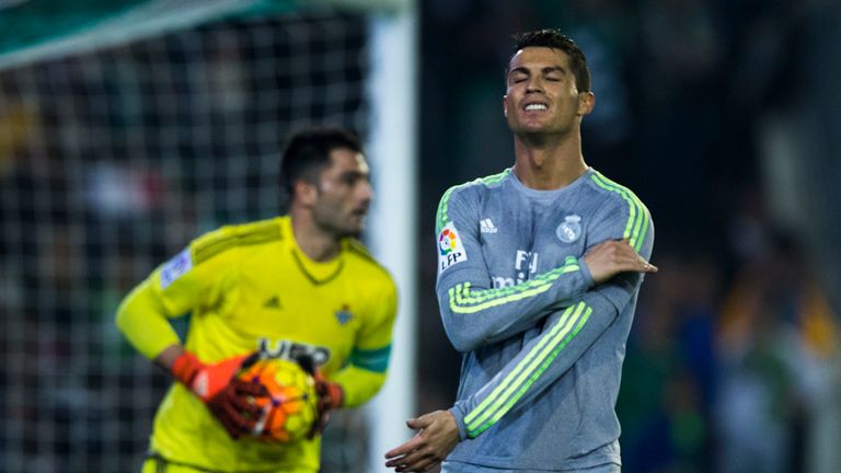 Cristiano Ronaldo (R) reacts as he fail to score ahead goalkeeper Antonio Adan of Real Betis 