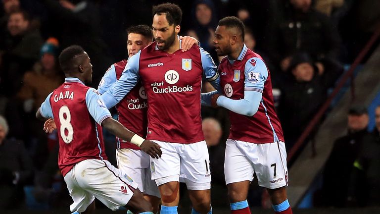 Aston Villa's Joleon Lescott is congratulated after scoring against Crystal Palace