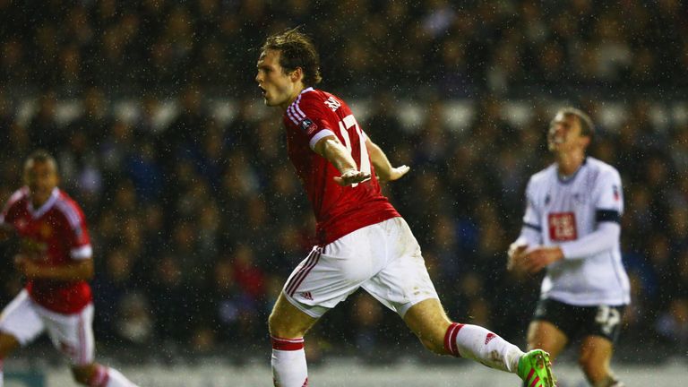 DERBY, ENGLAND - JANUARY 29:  Daley Blind of Manchester United celebrates as he scores their second goal during the Emirates FA Cup fourth round match betw