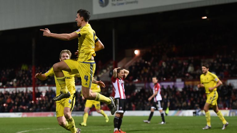 Middlesbrough's Daniel Ayala celebrates scoring their first goal during the Sky Bet Championship match at Griffin Park, London.