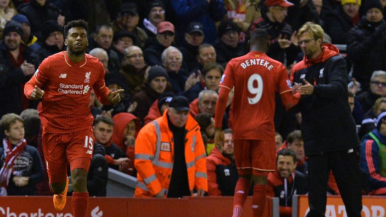 Liverpool's Daniel Sturridge (left) comes on in place of Christian Benteke