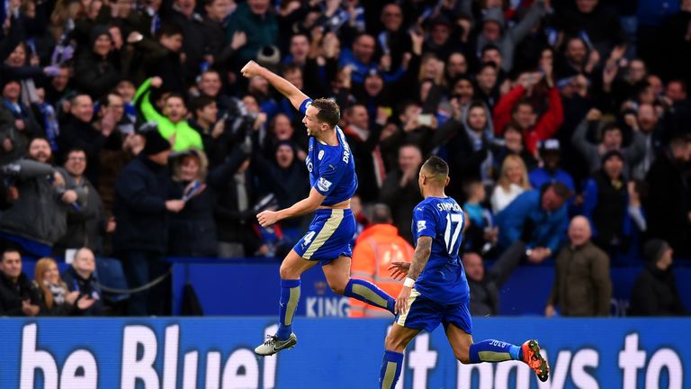 Danny Drinkwater (left) celebrates scoring Leicester's first goal against Stoke