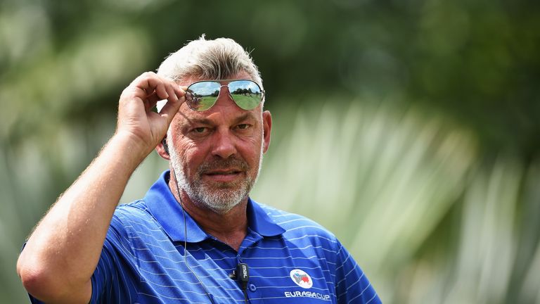 Darren Clarke, Captain of team Europe, looks on during the final day's singles matches at the EurAsia Cup