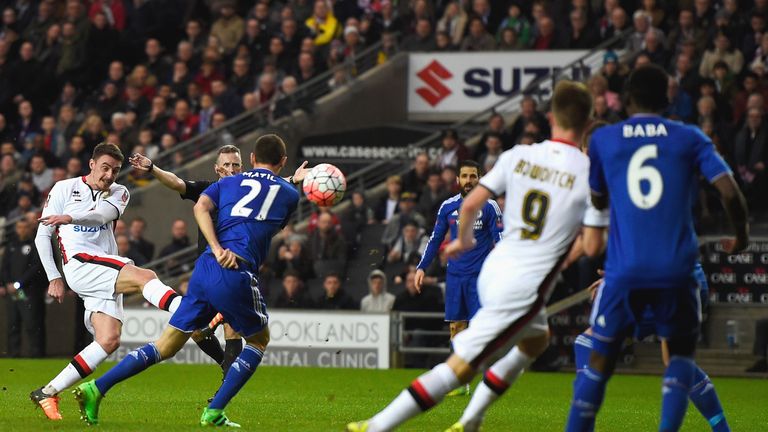 Darren Potter fires an equaliser for MK Dons against Chelsea in the FA Cup fourth-round tie
