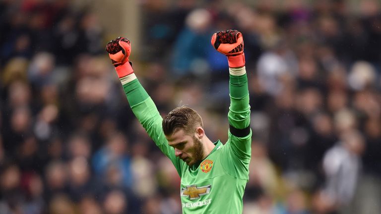David De Gea celebrates as Jesse Lingard (not shown) of Manchester United scores their second goal against Newcastle United