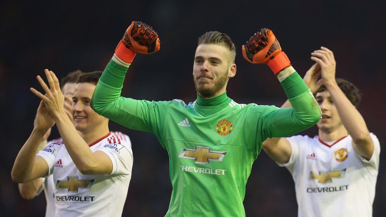 David de Gea celebrates after United won at Anfield on Sunday