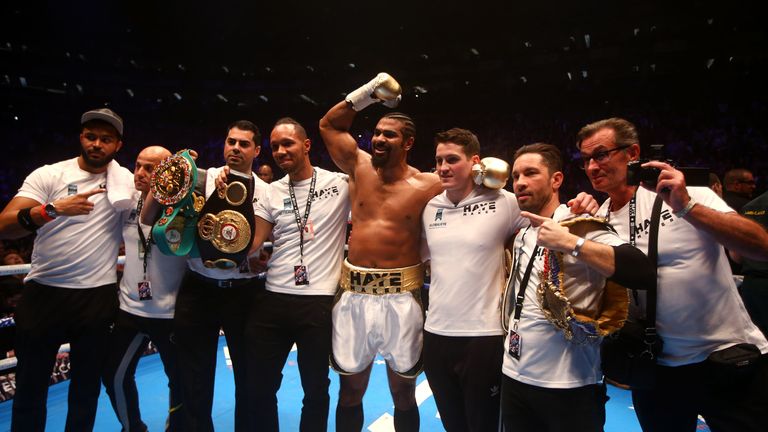 LONDON, ENGLAND - JANUARY 16: David Haye of England celebrates with his camp after beating Mark De Mori of Australia during their International heavyweight