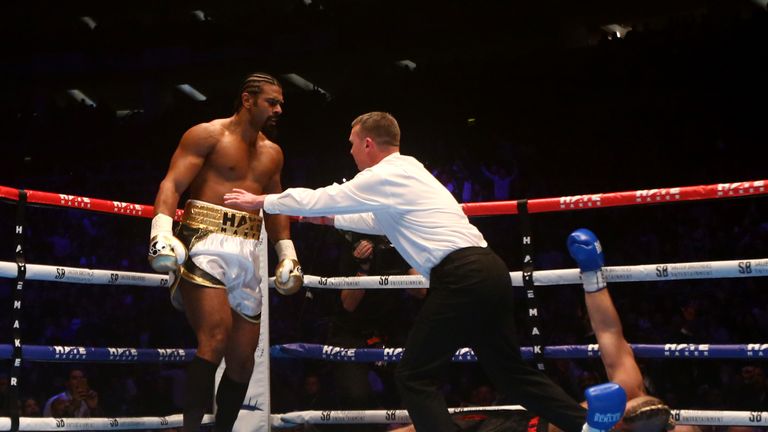 Haye is pushed away by the referee after knocking out de Mori 