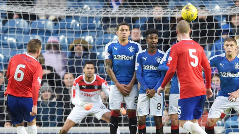 Dean Brett scores for Cowdenbeath with a free-kick against Rangers