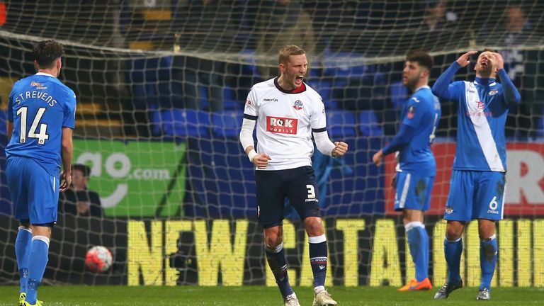 Dean Moxey of Bolton Wanderers celebrates scoring his team's second goal against Eastleigh