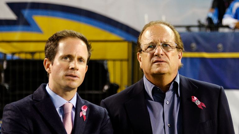 San Diego Chargers football team owner Dean Spanos (R) pictured with his son John Spanos