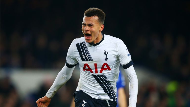 Dele Alli of Tottenham Hotspur celebrates after scoring his team's first goal during the Barclays Premier League match be