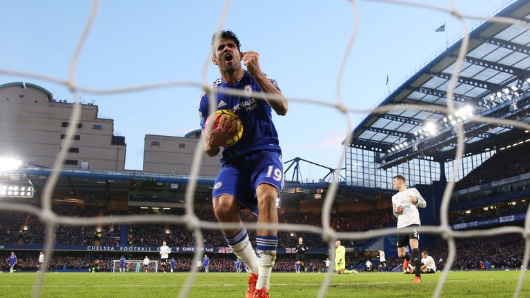 Diego Costa of Chelsea celebrates after scoring against Everton