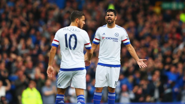 Diego Costa of Chelsea gestures to Eden Hazard of Chelsea during the Barclays Premier League match between Everton and Chelsea