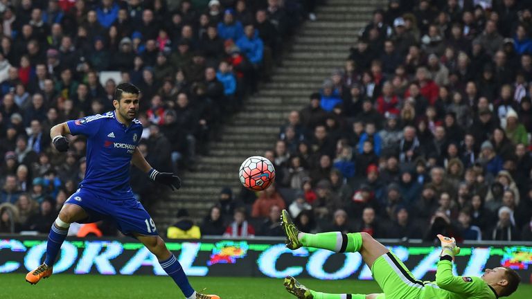 Chelsea's Brazilian-born Spanish striker Diego Costa (L) sees his shot saved by Mk Dons' English goalkeeper David Martin 