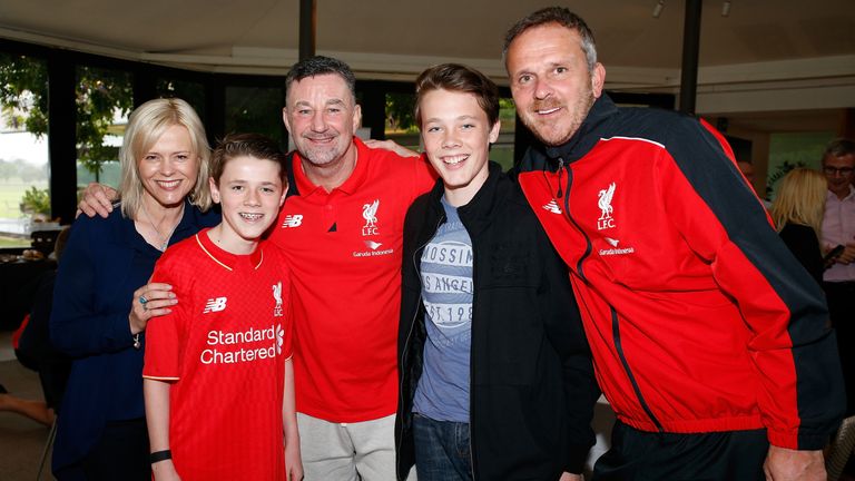 Liverpool Legends Dietmar Hamaan and John Aldridge pose for photos with fans