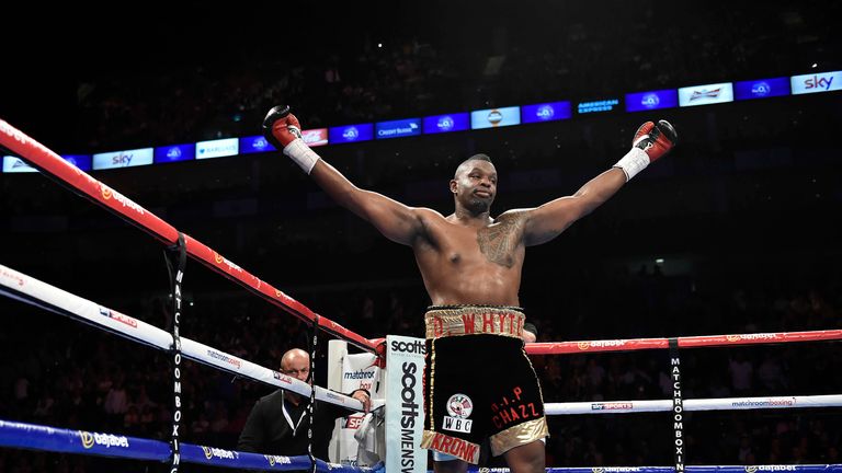 Dillian Whyte reacts at the early finish after the referee stops the fight against Brian Minto in the Vacant WBC Internati