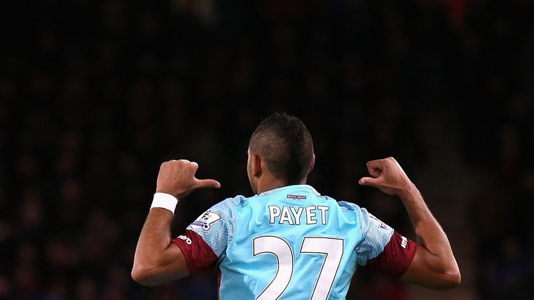 Dimitri Payet of West Ham United celebrates as he scores their first and equalising goal from a free kick against Bournemouth