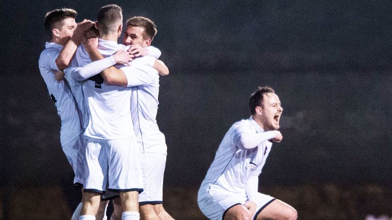 East Kilbride players celebrate their opening goal in the 2-0 victory