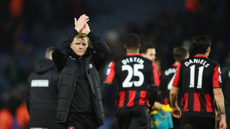 Eddie Howe applauds Bournemouth's supporters after the 0-0 draw against Leicester City