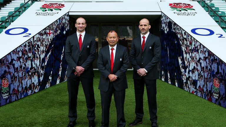 Eddie Jones (C), with coaches Steve Borthwick (L) and Paul Gustard.