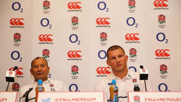 Newly appointed England captain Dylan Hartley (R) and head coach Eddie Jones 