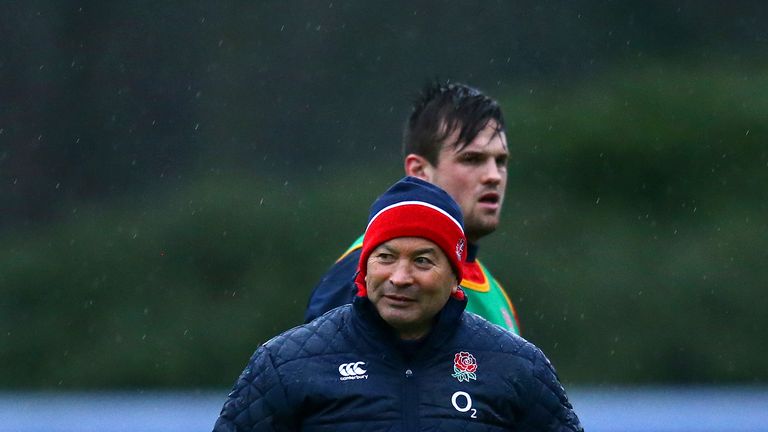 Eddie Jones, England Head Coach takes part in a training session at Pennyhill Park on January 26, 2016 in Bagshot, England.