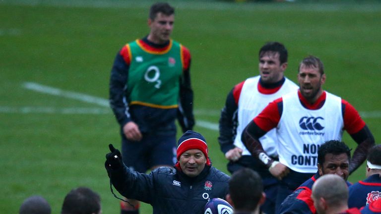 BAGSHOT, ENGLAND - JANUARY 26:  Coach Eddie Jones gives instructions during an England Rugby training session at Pennyhill Park on January 26, 2016 in Bags