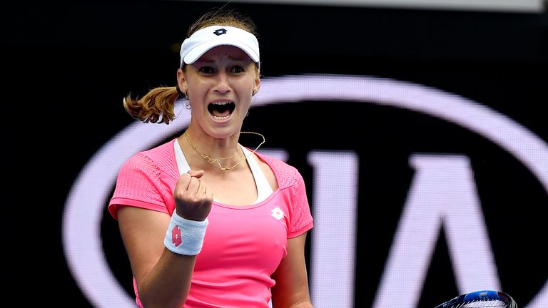 Ekaterina Makarova of Russia reacts during her fourth round match against Johanna Konta 